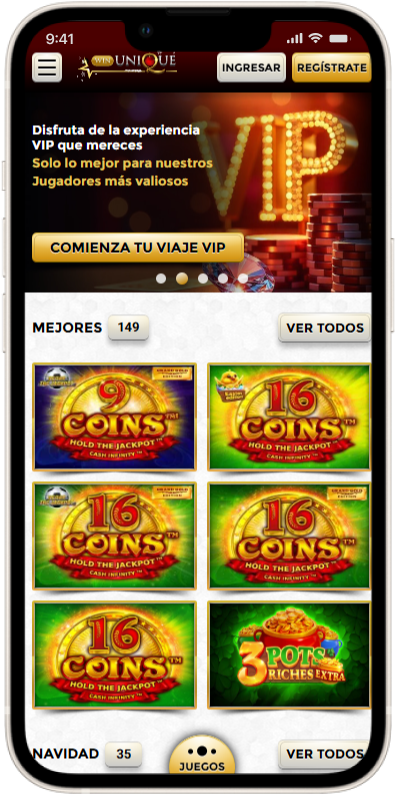 Vista móvil de la plataforma UniqueWin con juegos destacados y opciones de navegación